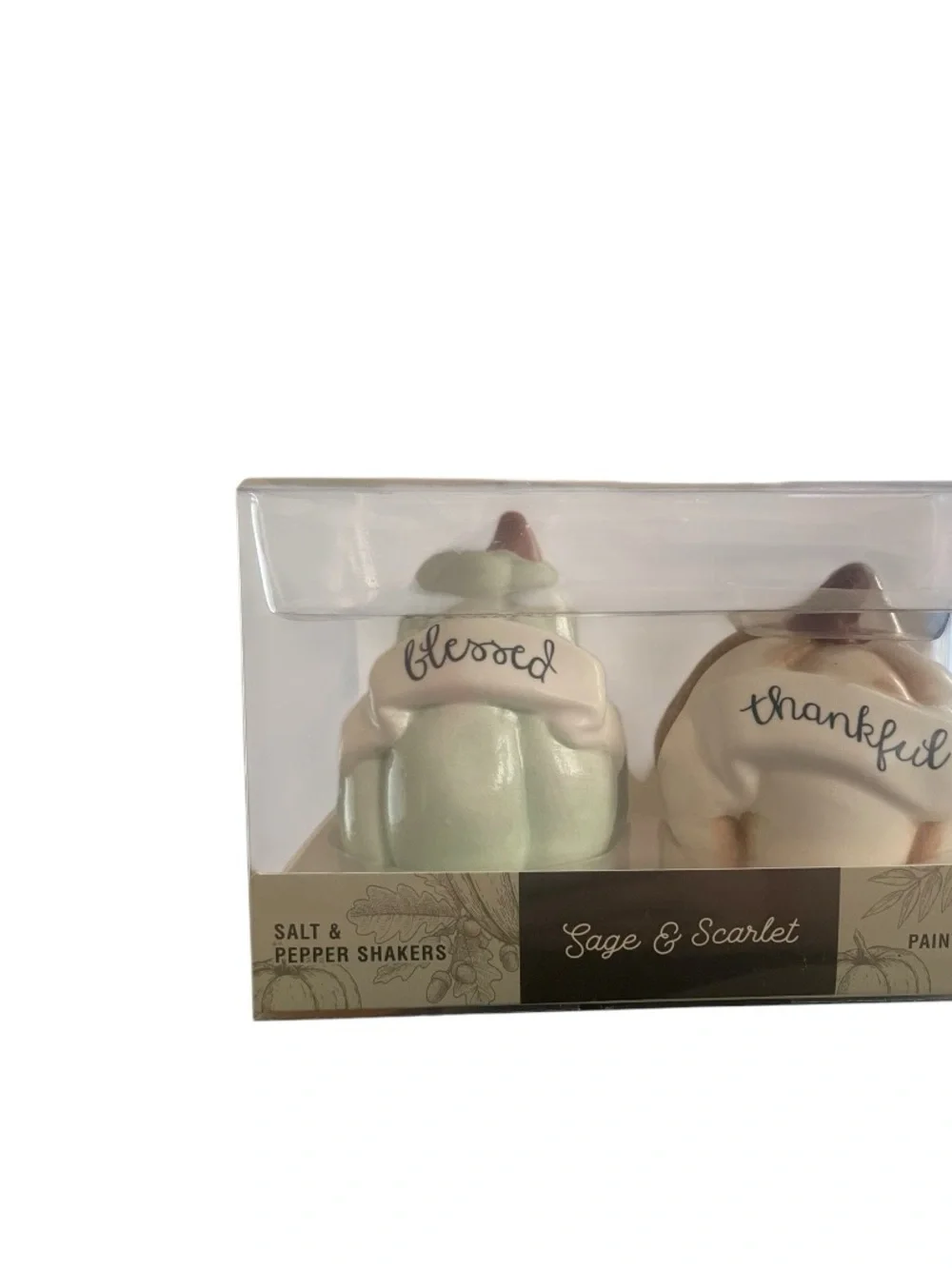 'Blessed' and 'Thankful' Ceramic Salt & Pepper Shaker Set - Pastel Green & Cream